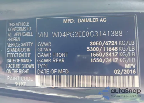 2016 Mercedes-Benz Metris from USA, damaged, VIN WD4PG2EE8G3141388